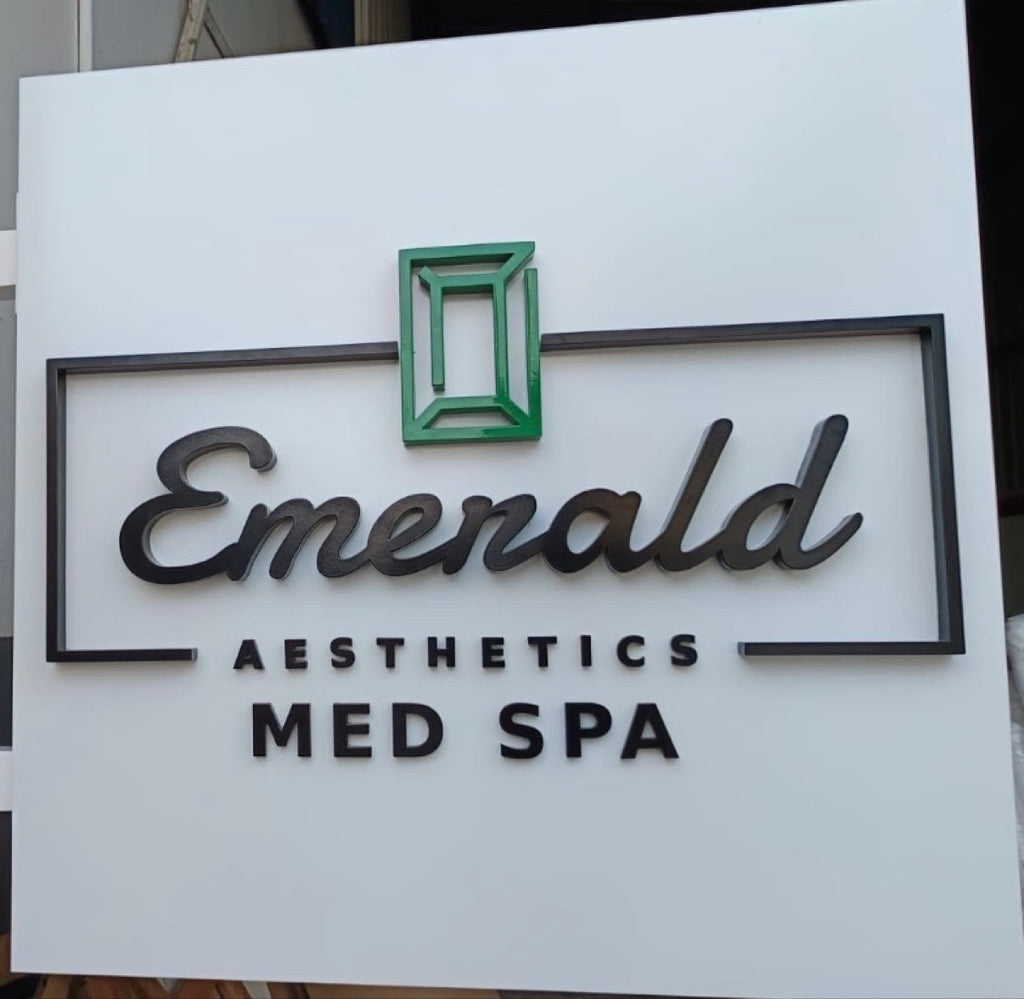 Emerald Aesthetics Med Spa custom 3D protruding logo sign, finished build close-up