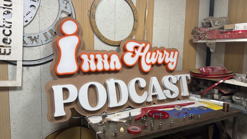 Custom Podcast Studio LED Sign | Personalized "In a Hurry" Branding, On Air Light