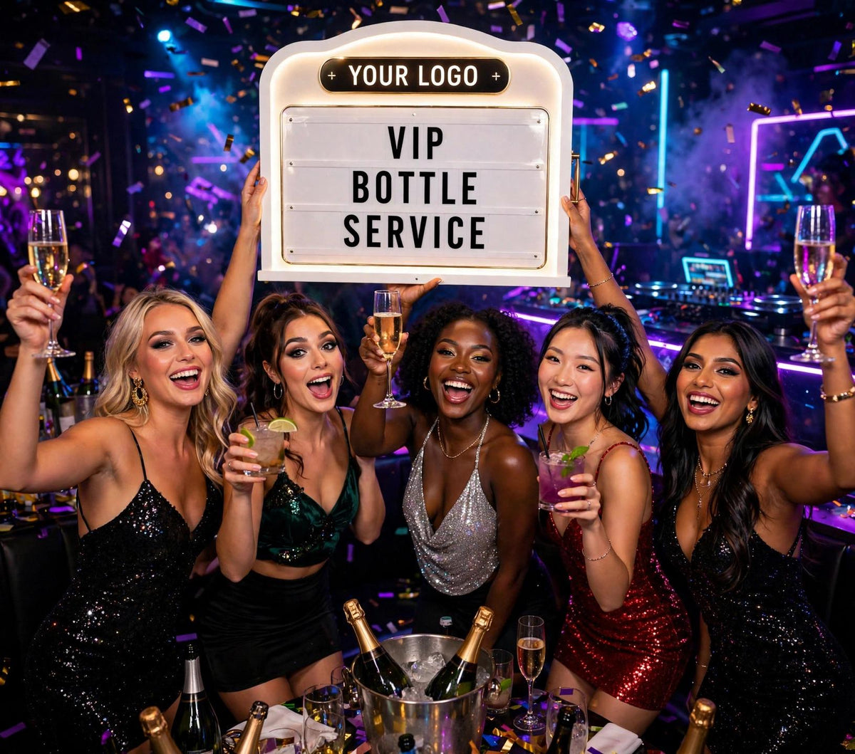 Custom bottle service sign at VIP nightclub